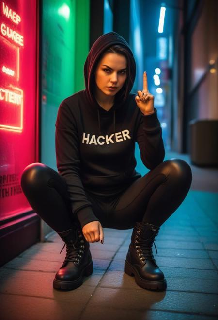 score_9, score_8_up, score_7_up, award-winning masterpiece, gritty raw street photography, plain clean earthy female hacker,middle finger, leggings, black boots, matrix punk clothing, squatting, with neon lighting from shops, high-quality, super-detailed, dramatic lighting, soft shadows, rich textures, moody atmosphere
