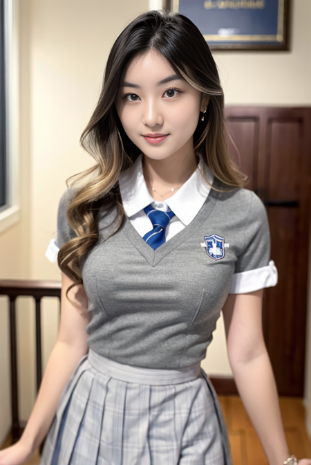 masterpiece, best quality, ultra-detailed, illustration, colorful, depth of field, 
calssroom, school uniform, white collared shirt, grey skirt, pleated skirt, 
,1girl, medium breasts, wavy hair,  detailed skin texture, detailed cloth texture, beautiful detailed face,
<lora:epi_noiseoffset2:0.85> <lora:ShannonnW:0.85>