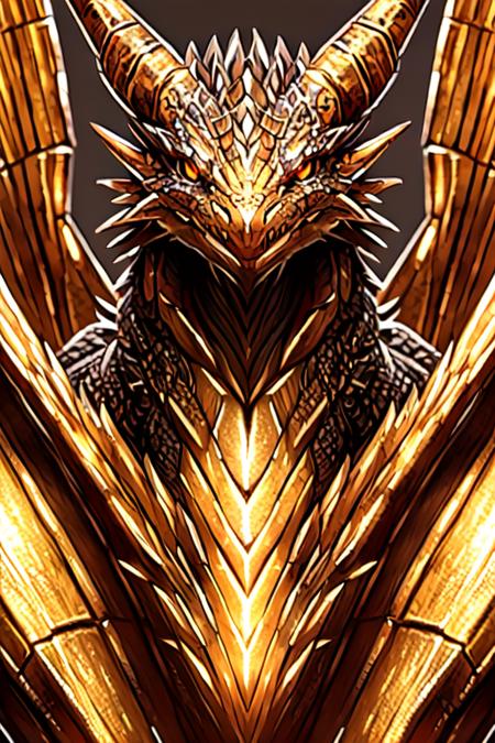 dragon, eyes, teeth, wings, tail,  gold theme,upper body, center, zoomed out, <lora:Dragon_V1:1>