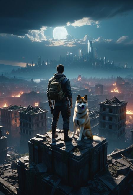 Centered, A haunting cinematic still of a man and his Akita standing atop a ruined cityscape, bathed in dramatic lighting with a 35mm film aesthetic and rich color palette, evoking a sense of desolation and timelessness, Epic 3D Videogame Graphics, Intricately Detailed, 8K Resolution, Dynamic Lighting, Unreal Engine 5, CryEngine, Trending on ArtStation, HDR, 3D Masterpiece, Unity Render, Perfect Composition