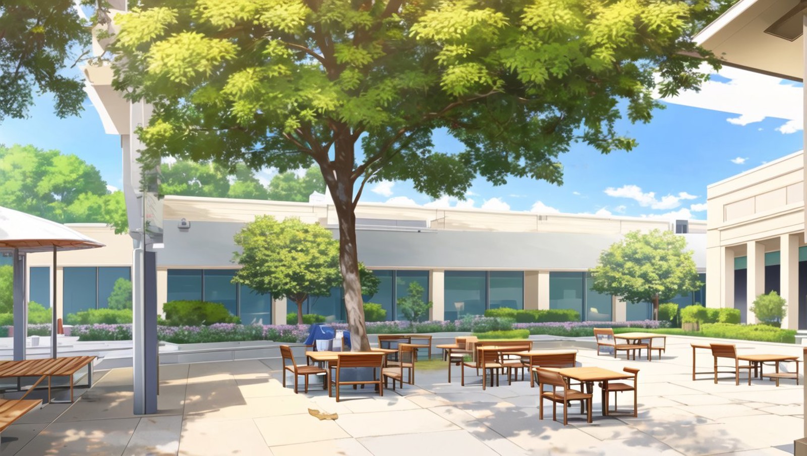 <lora:vn_bg:1> vn_bg, no humans, A serene, peaceful school courtyard, the center of activity during break time, with stude...