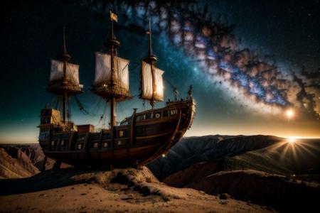(absurdres, highres, ultra detailed), realistic style, 8k, exposure blend, medium shot, bokeh, high contrast,  low saturation,  3d render, cgi, symetrical, octane render, 35mm,  
 detailed background, milky way, nebula, moon, sun,  silver star constellations in background, backlighting,  ethereal atmosphere, extremely detailed CG unity 8k wallpaper, intricate details, (style-swirlmagic:1.0),   detailed background, close up,  detailed face, (gothic dark ages theme:1.1),  floating in the air, glowing magical shards, surrounded by blue magical crystals,  rock formations, stalactites,  magical floating particles, crystal glass,  crystal sphere, crystal canyon background, (shallow water:0.7),  epic ethereal atmosphere,   updraft, flying ship