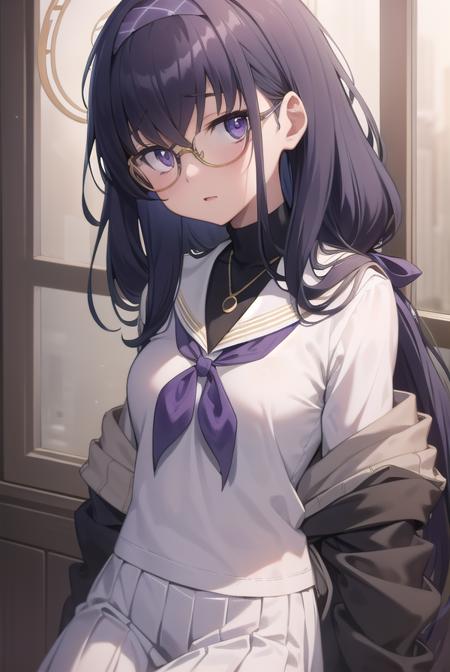 uikozeki, <lyco:uikozeki-lyco-nochekaiser:1>,
ui kozeki, bags under eyes, black hair, (purple eyes:1.5), glasses, halo, long hair, red-framed eyewear,
BREAK black pantyhose, black undershirt, blue hairband, blue neckerchief, brown cardigan, brown sweater, cardigan, hairband, long sleeves, messy hair, neckerchief, pantyhose, sailor collar, school uniform, serafuku, sweater, white sailor collar, white serafuku, skirt, long skirt,
BREAK looking at viewer,
BREAK indoors, classroom,
BREAK <lyco:GoodHands-beta2:1>, (masterpiece:1.2), best quality, high resolution, unity 8k wallpaper, (illustration:0.8), (beautiful detailed eyes:1.6), extremely detailed face, perfect lighting, extremely detailed CG, (perfect hands, perfect anatomy),