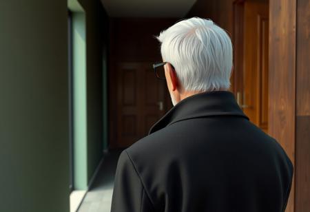A highly detailed, realistic 3D digital illustration style, view of the back of an old writer exiting his home, going outside. He's wearing black trenchcoat. The writer's short white hair is combed back, slightly receding hairline. From the side are visible his short white sideburns and beard,  his chiseled, narrow face with a strong jawline and prominent cheekbones, and his black round glasses. The walls of his hallway are covered in wood, the concrete painted light green.
