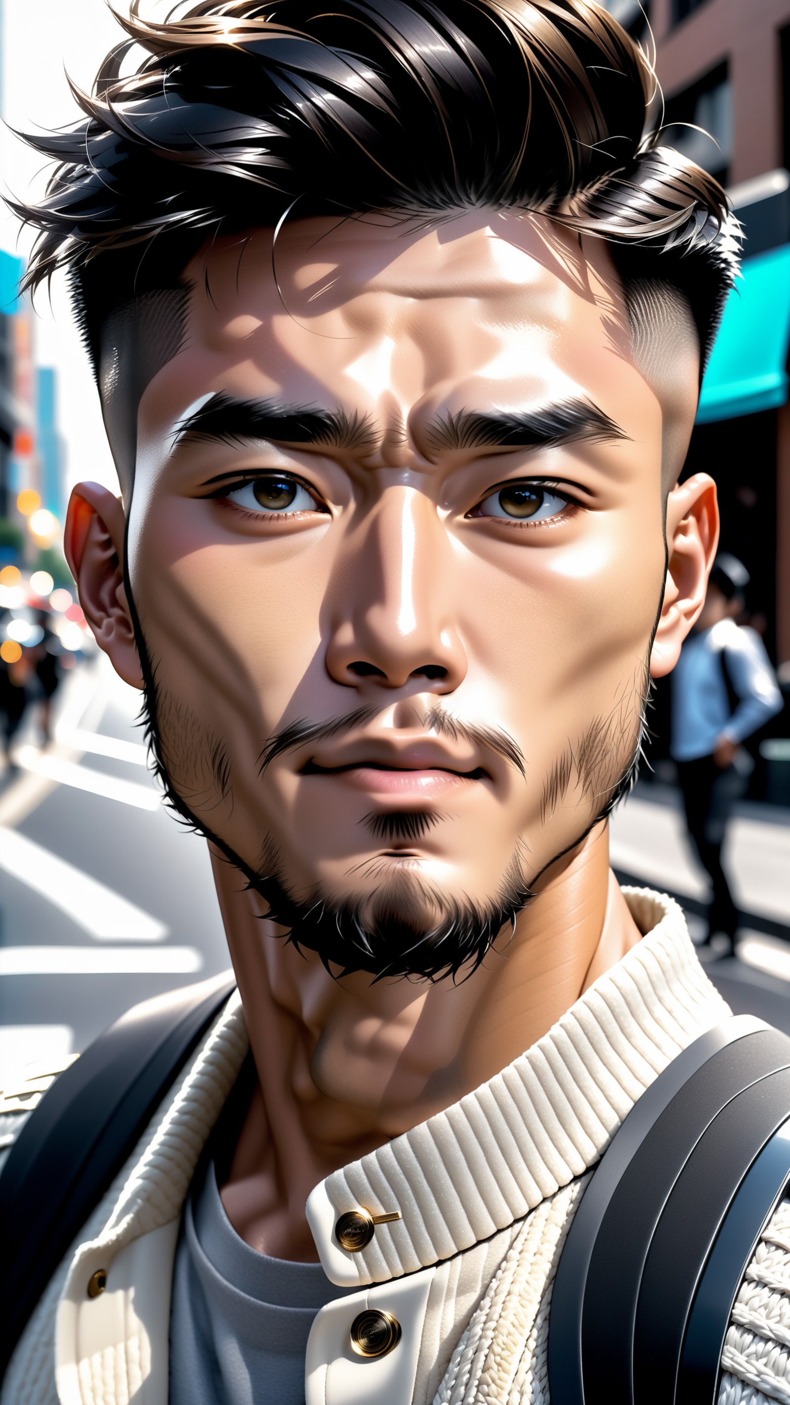 analog photo, closeup portrait photo of 24 y.o asian man, <lora:xl_yamer_style-2.0:1>, natural skin, looks at viewer, city...