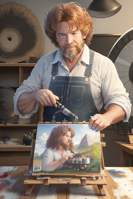 a man bobross painting a picture, masterpiece, best quality, 4k, studio light, soft ton, massive hair