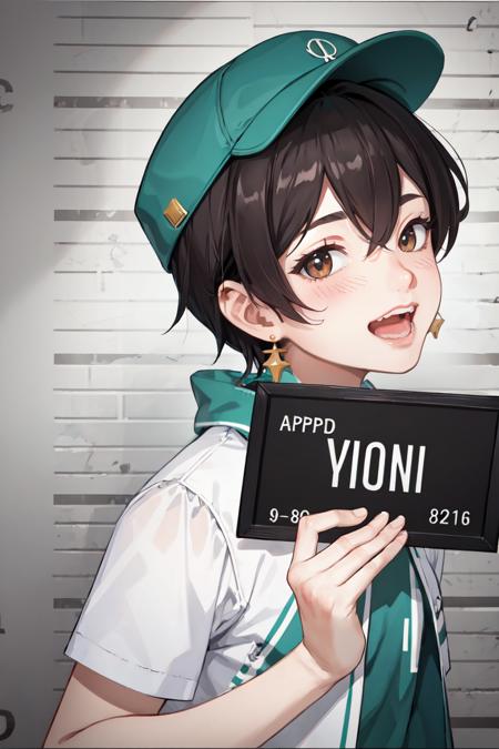 good anatomy, masterpiece, best quality, 4k, 8k, 1boy, barbie_mugshot_(meme), black hair, blush, brick floor, clothing cutout, concept_ken_mugshot_ownwaifu, earrings, hat, holding, holding sign, letterboxed, looking at viewer, meme, open mouth, shirt, short hair, sign, smile, solo, upper body, www.ownwaifu.com, zoom layer <lora:CONCEPT_ken_mugshot_ownwaifu:1>