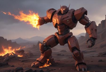 Create an official image of a robot with a data avatar inspired by Hephaestus, set against a burning land background with crimson darkness. The robot should be made of red iron oxide, with a stocky and strong appearance, and have insane details and an epic scale. The image should be in 4K resolution, with ultra-high detail and photorealistic quality, and should resemble concept art by Ernest Khalimov. The rendering should be done using Octane Render and Unreal Engine, with hyperrealistic effects and strong shadows. The final output should be a low-resolution thumbnail, similar to an eBay listing, that captures the dynamic movement of the robot as if someone is dancing.