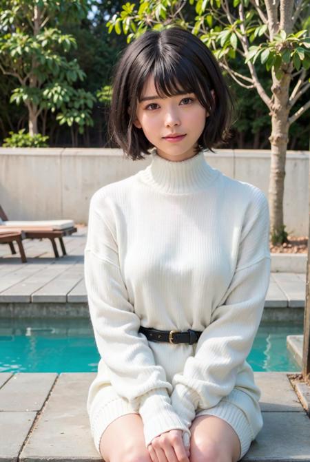 best quality, photorealistic, 8k, high res, 1girl, woman, (skindentation), (portrait:0.6), gorgeous, ((poolside background:1.2)), ((chinpose:1)) ((highneck sweater:1.2)), straight-looking at viewer:1.6, (1girl eyes looking at viewer, short-length hair,  blackhair, bangs:1.75), photorealistic, (bokeh), (closed mouth:1.55), gorgeous, pureerosface_v1,  <lora:xchinpose:0.75> <lora:AVID-mirai:0.45>