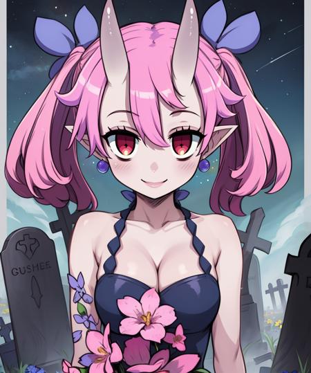 bieko,pink hair,oni horns,pointy ears,colored skin,red eyes,twin tails,
purple sleeveless dress with flowers,jewelry,bare shoulders,
hair ornament,cleavage,
standing,smiling,
stars,graveyard,
(insanely detailed, beautiful detailed face, masterpiece, best quality),<lora:bieko-10D6:0.8>,