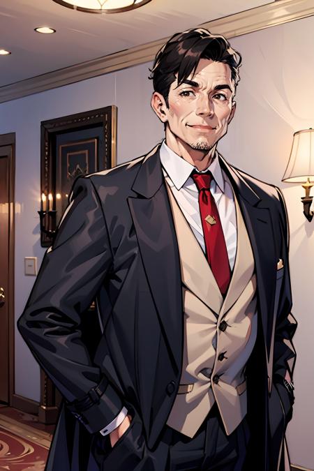 man, black suit, long overcoat, watch, vest, fancy hotel lobby, chrome wall, brown eyes, smiling, red tie, white shirt, (round face), stubble, (plump:0.7), chubby, short hair <lora:age_slider_v20:2.5>