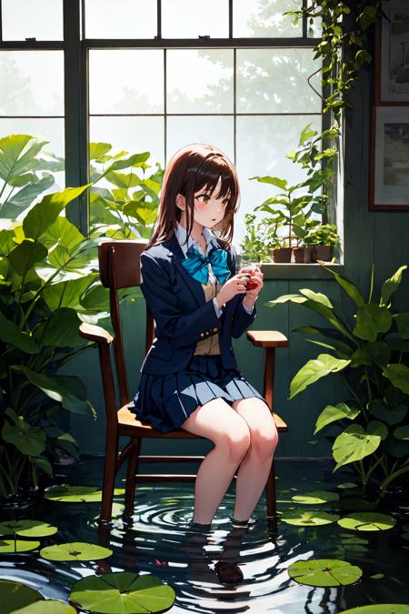 masterpiece, (detailed, highres, best quality), 1girl, <lora:spnozomiNatsuki:1> prnatsukidef, school uniform, blue bowtie, blue jacket, white shirt, collared shirt, pleated skirt, hands up, holding, looking away, on chair, parted lips, sitting, solo, bug, butterfly, day, full body, greenhouse, indoors, leaf, lily pad, plant, pond, see-through silhouette, sunlight, water, window