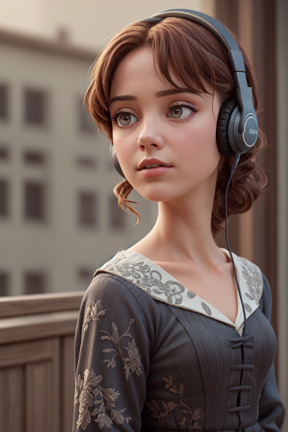 Jane Eyre with headphones, natural skin texture, 24mm, 4k textures, soft cinematic light, adobe lightroom, photolab, hdr, ...