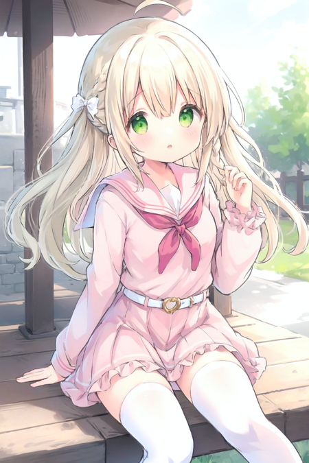 (masterpiece, best quality), one cute girl, the background is (outdoors), (dynamic pose), the girl wearing (light pink dress:1.4), (light pink sailor dress, light pink long sleeves, thin brown belt, white frill white simple kneesocks:1.4), BREAK
the background is (outdoors), the girl has (long blonde hair wavy hair:1.2) (with French braid behind hair), [[green eyes]],