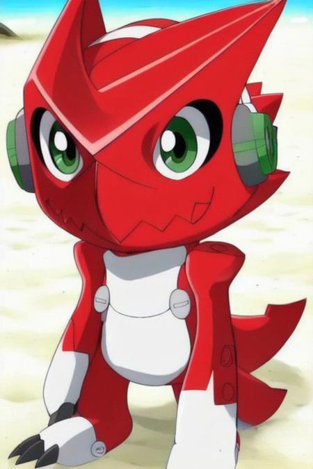 ((masterpiece,best quality)),best res,good anatomy,cute,ultra cute face,smiling,extremely detailed face,4k,happy, upper body,,detailed eyes,beautiful,smiling,,cute,very cute,, solo,, smile, ,blushing,full body,upper body,,middle of a beach,green eye,shoutmon,red skin,