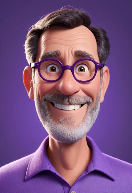 disney pixar 3d animation character of a 60yo man, smiling at viewer, purple background, dark hair, simple background, closed mouth, trimmed beard, glasses
