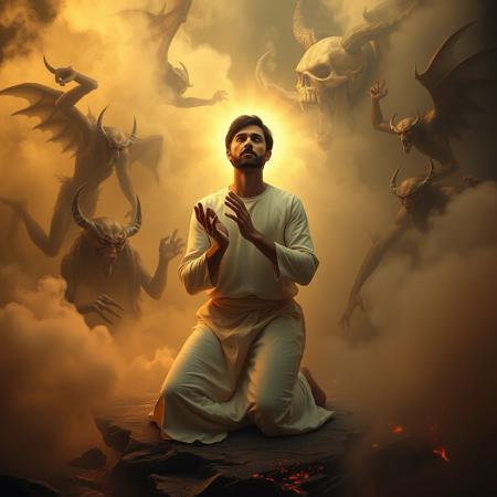 8k image, hyper realistic, theres a man in the center of the image, with a simple clothing, on knees, praying pose, body touched and surrounded by a soft platinum/golden aura. a surrounding smoke that forms several agressive evil images in baroque style reminiscent of Dante's inferno.