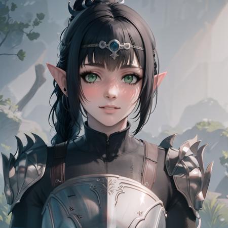 Shadowheart, armor, black hair, pointy ears, bangs, circlet, ponytail, green eyes, braid