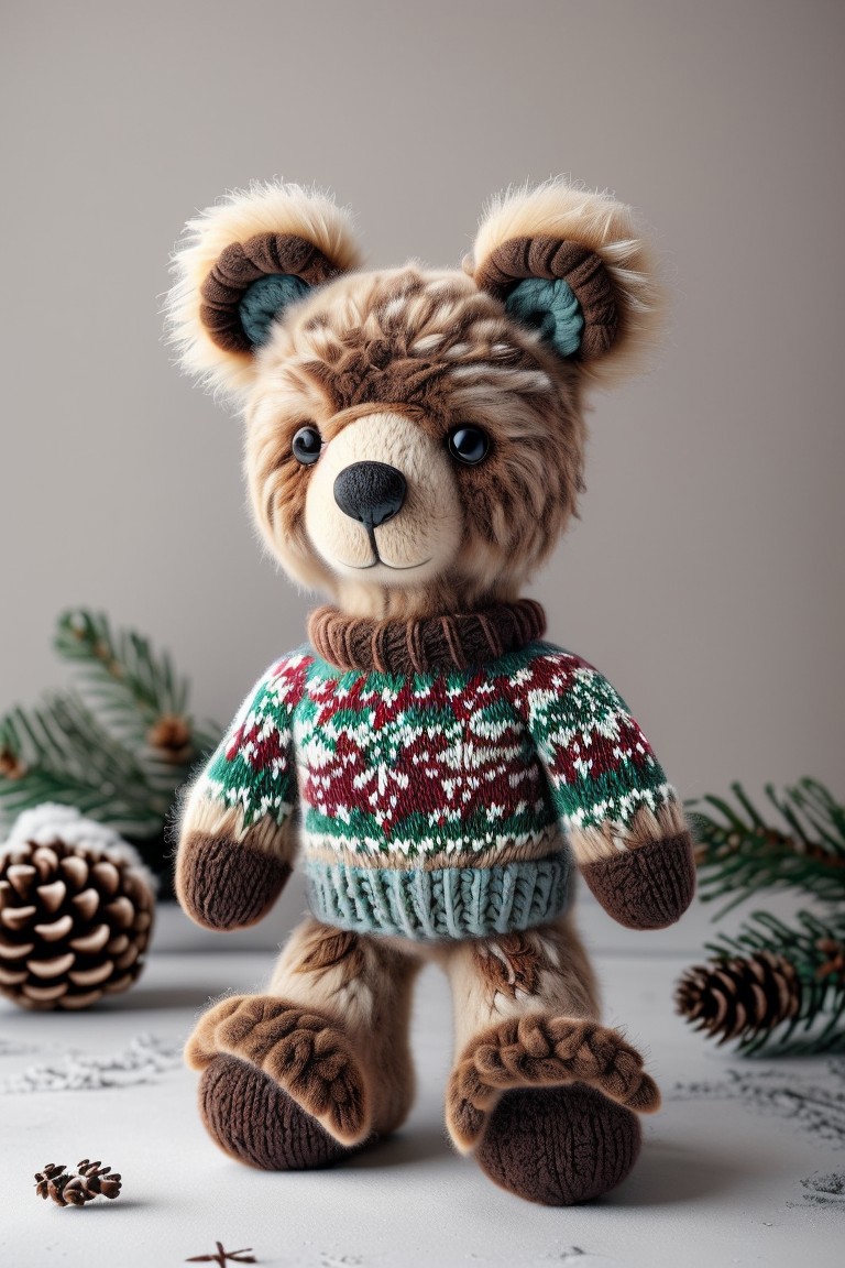 cute, plush toy, christmassweater, bear, brown fur, outside, snow, forest, snowing, blue sky