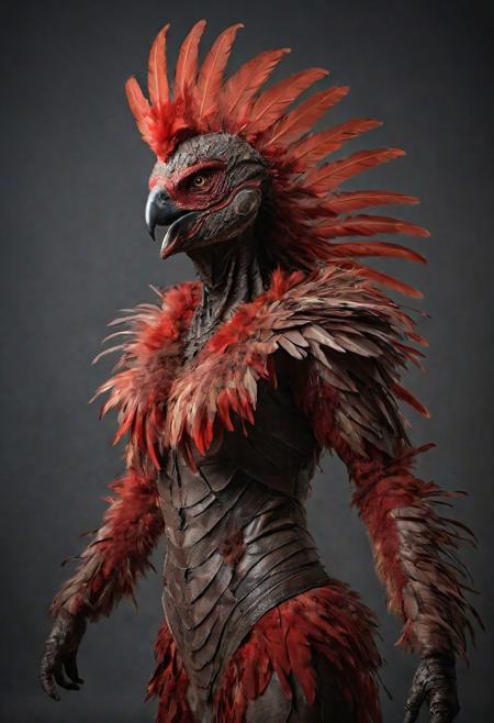 Frontal view. looking forward, looking viewer, full body, realistic professional photography, monster werebird woman, brown and red feathers, cinematic lighting, perfect shading, amazing composition, dynamic angle, 35mm photograph, best quality, masterpiece, simple gray background