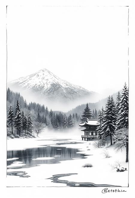 landscape, reijfrmd, white frame, ink, idyllic winter scene of ice forming around the margins of a mountain lake, snowy forest, shinto temple, snow falling