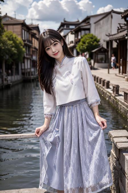 realistic, photorealistic, masterpiece, best quality, cns_dress, 1girl, solo, smile, long black hair, looking at viewer, cute, standing by a river, full body, detailed background, ancient chinese water town, blue sky, cloud, <lora:chinaDollLikeness_v10:0.7>, <lora:cns_dress_style1_v3:0.7>