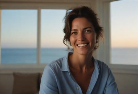 A meticulously detailed, hyper-realistic studio portrait of Olivia, a 35-year-old woman with sun-kissed skin and bright green eyes. She has a slim, oval, delicately contoured face with high cheekbones, a narrow jawline, and a subtle V-shaped chin. Her wavy, short-length light brown hair is casually tousled, framing her naturally beautiful face. Her skin has realistic texture: visible pores, soft natural wrinkles, gentle laugh lines, and minor imperfections that enhance authenticity. She wears a solid blue button up shirt an a warm, genuine smile with slightly imperfect teeth. She seats in a warm living room, facing the sunset, and ocean,through a Bow window, captured with an 85mm lens at f/4, with natural color grading and an unedited RAW film look — inspired by Kodak Portra 400. No makeup retouching, no plastic effect, no artificial smoothing.