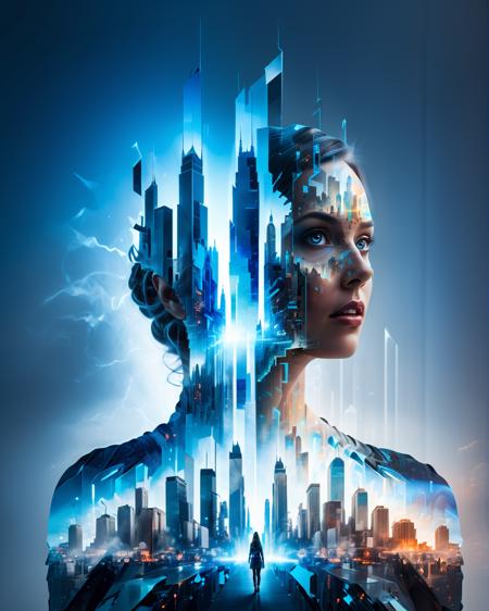 cinematic , grey mysterious holographic utopian cityscape double exposure on fearful woman silhouette,(glowing blue energy nimbus:1.4) ,futuristic metallic fabric, dissolving into pixels, fading into dust, maximalism, (cinema movie poster:1.2),(unease:1.1),  artificial intelligence <lora:xl_more_art-full_v1:0.5> <lora:add-detail-xl:0.9>  <lora:Double_Exposure:0.9>