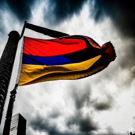 the Armenia  flag,ArmeniaFlag,Hyperrealistic,Hyperdetailed,realistic,masterpiece,best quality,ultra realistic,High Detail,<lora:AsiaFlags01-000002:1>,Cinematic Lighting,in winter,rain,rainy days,cloudy,city,cityscape,street,