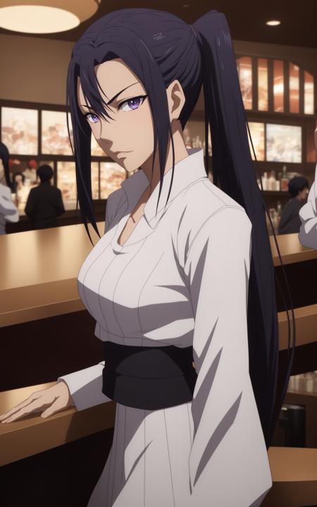 anime, lixu, a woman with long black ponytail hair, three front hair strands, purple eyes, a white one-piece outfit, at the bar, 8k, unreal engine, octane render, by kyun, gamang, Yoon Gon-Ji, g.ho, gosonjak, shuroop, serious, domi, noah, trending on pixiv, fanbox, skeb, masterpiece, smooth soft skin, big dreamy eyes, beautiful intricate colored hair, symmetrical, anime wide eyes, soft lighting, concept art, digital painting, <lora:lixu:0.4>