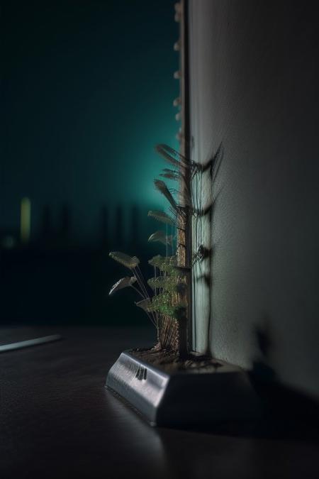 Generate a surreal image of an abstract and mechanical garden, where metallic flowers adorned with gears serve as petals and robotic vines climb imaginary structures. futurist,
Ultra High Definition, Impeccable Detail, Premier Quality, Best-in-class, (Photorealistic), (Lifelike), Top quality, score_9, score_8_up, score_7_up, score_6_up, score_5_up, score_4_up,  perfect shadows, perfect lighting, night, backlighting, Cinematic, dark moody lighting, film grain, mysterious atmosphere, storytelling,