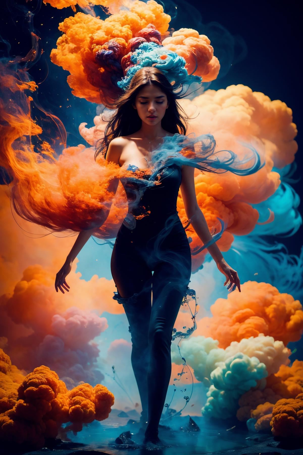 Artistic Portrait of a Woman in a Black Dress with Colorful Smoke and Clouds