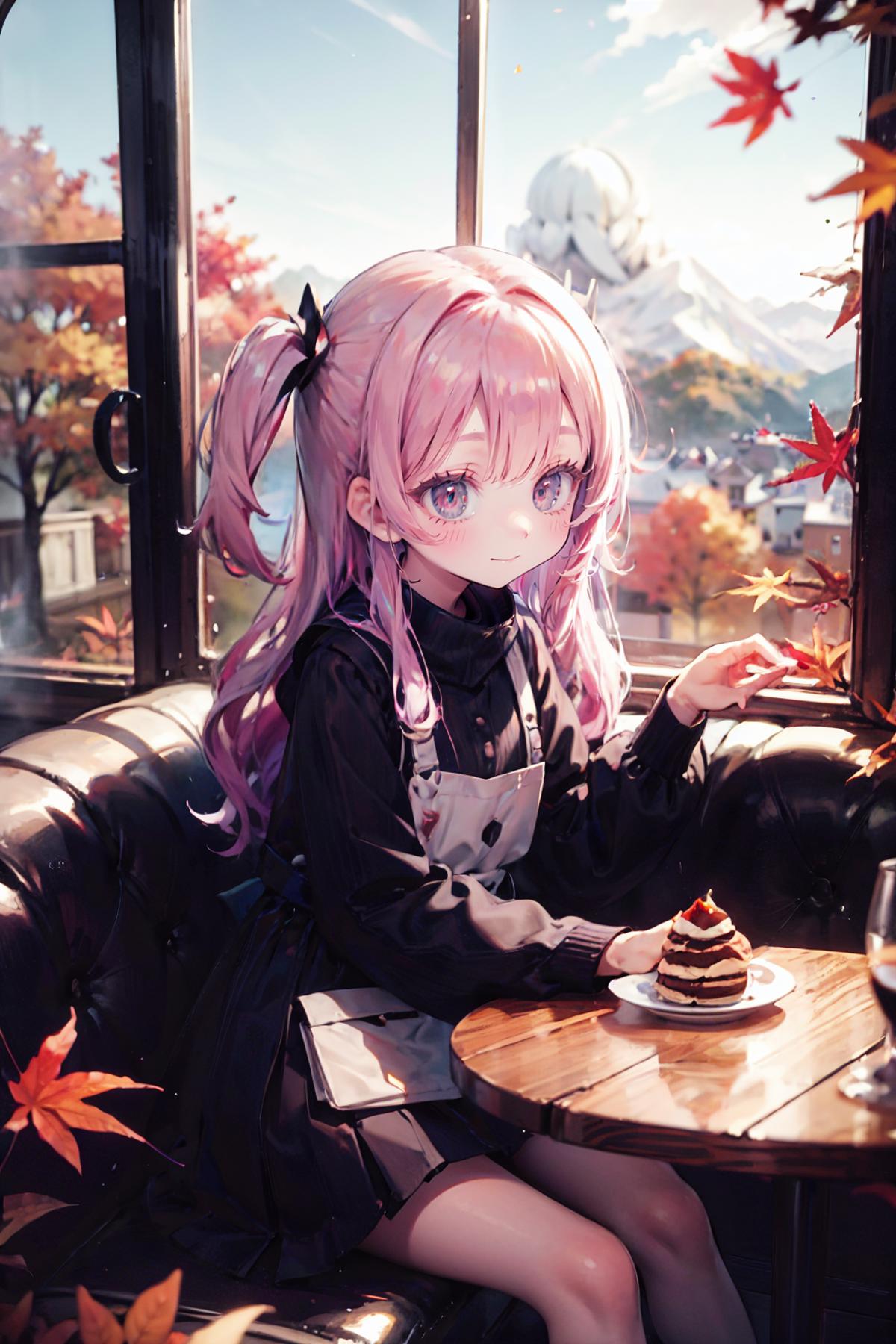 absurdres, highres, (ultra detailed:1.0), BREAK 1girl,smiling face ,kawaii, pink hair, long hair,  two side up,autumn clot...