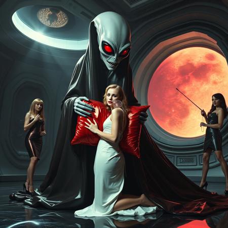 high-society elegant slender norvegian rich innocent young bride  kneeling  weird red glossy foil pillow from behind. She is ensnared by a towering, gray human-like alien, draped in a long, glossy black slime cloak, its eyes gleaming red with an otherworldly intensity.  its hands  putting slime transparent alien jellyfish at her head. Encased in light beam from the alien breeding chamber celling. Surrounded by strict ladies wearing  glossy satin dominatrix attire and glossy high heels,  holding whips.   weird wet-look black slime  walls and floor, colossus observation blister to outer space full of stars, bright red moon, vintage-inspired makeup, long hairs, ultra thin waist, evil grin, porcelain skin, lipstick, red nails, in the style of a haunting, retro-futuristic 1950s sci-fi nightmare, horror, alien space base,,