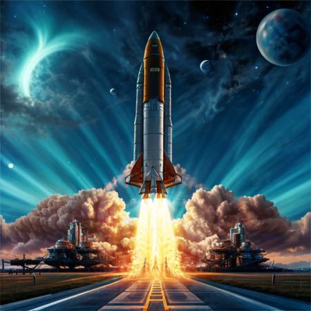 Rocket,  cityscape, space, planet, no humans, ground vehicle, cloud, sky, flying, star_\(sky\), city, science fiction , super-reaslitic, 8k, best quality, moon,  <lora:rocketStart:0.95>