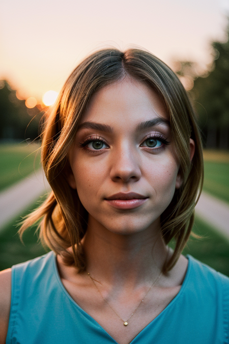 SydneySweeney, sunset, detailed, surreal, dramatic lighting, shadow, (lofi, analog, Kodak film), by Brandon Woelfel, Ryan McGinley