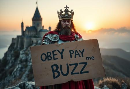 Generate an image of a unique medieval king of Albania standing on a rocky mountain with a majestic castle in the background. The king is dressed in ornate, culturally inspired armor, wearing a crown with ancient symbols, and a flowing red cape. His expression is stern and commanding. He holds a large, weathered cardboard sign that reads “OBEY PAY me BUZZ” in bold, rough letters. The scene is set at dawn, with a misty, golden sunrise casting a mystical light over the king and the landscape, emphasizing the powerful and enigmatic message on the sign.