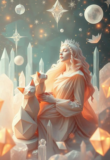 surreal dreamscape, light origami cats, geometric crystal garden, ethereal princess, transcendent beauty, peaceful magic, fragile strength, woman