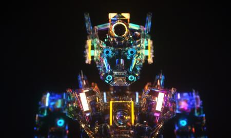 <lora:shineglasscd_xl-000005:0.7>,a (shineglasscd_xl,shine glass,neon lights,light particles,colorful:1.3,gradient,chromatic aberration) mechanical mecha robot,battletech,humanoid robot,no humans,(solo:1.2),long-focus,tilt-shift,dark background,simple background,full body,cutie,cute,still life,front view,facing viewer,looking at viewer, emotional,harmonious,high budget,moody,epic,gorgeous,perfect lighting,realistic,photorealistic,photographic,photo (medium),real,moody lighting,volumetric lighting,reality ray tracing,8K,HDR,UHD,masterpiece,best quality,highly detailed,high resolution,finely detail,extremely detailed,ultra detailed,wallpaper