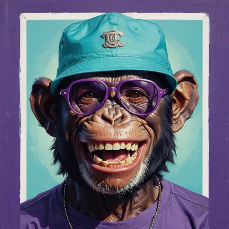 closeup portrait of a chimp, lucky laugh face, bucket hat on head, highly detailed, evocative, high contrast, purple and turquoise color blocks as the background, retro style white frame sunglasses, lucky laugh face, tshirt purple weared