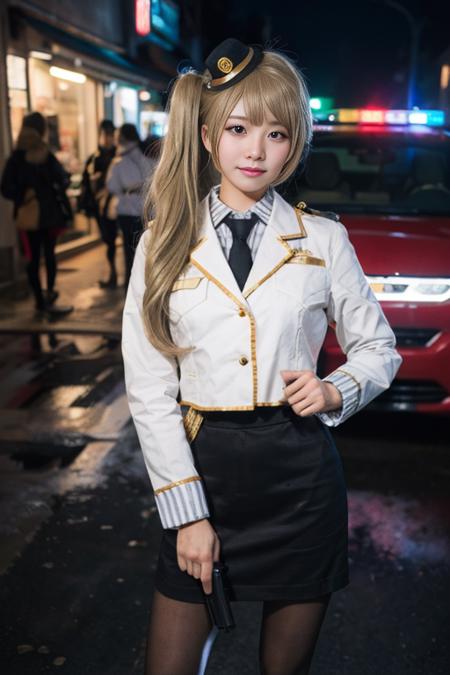 minami kotori, cosplay police uniform, long hair,  blonde hair,bangs, side ponytail,single hair bun, police uniform, policewoman, skirt, pantyhose,high heels, 