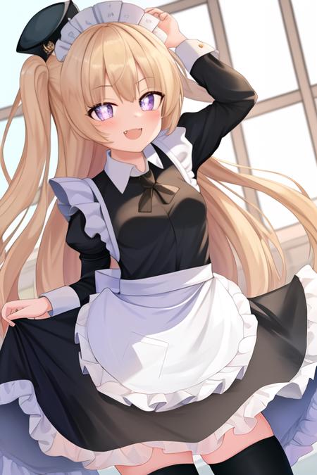 masterpiece, best quality, highres, safe for work, 1girl, solo, {maid:1.25}, {long maid dress}, {bache_azurlane:1.05}, long_hair, blonde_hair, purple_eyes, open_mouth, smile, blush, breasts, bangs, two_side_up, fang, small_breasts, navel, hat, single_thighhigh, fishnets, black_headwear, symbol-shaped_pupils