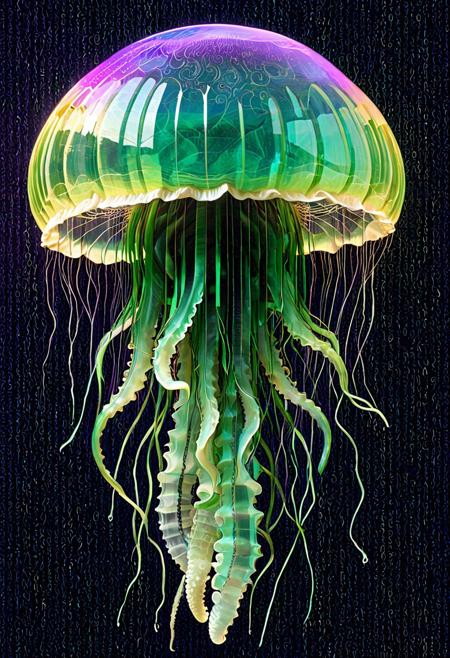 best quality, masterpiece, high resolution, intricate detailed,
jellyfish sculpture made of fluorite mineral, flu0rite, 
iridescent, translucent,
green gems,
outdoors, sky, night, scenery, science fiction, matrix, code, digital,
codeandigital, c0dean0igital, cyberw0rlds,