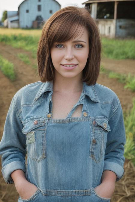 closeup portrait, (masterpiece:1.1), (highest quality:1.3), (realistic:1.3), (realism, hyperrealism:1.2), intricate detailed skin, (high detail:1.1), wearing denim overalls on a dairy farm with barn behind her, high dynamic range, directional lighting, sharp focus, <lora:HaydenWinters4:1>