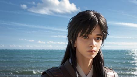 a young man with long black hair and a vest on standing in front of the ocean with a blue sky, (1girl:0.955), (bangs:0.575), (black eyes:0.572), (black hair:0.709), (blue sky:0.985), (closed mouth:0.536), (cloud:0.927), (day:0.980), (horizon:0.816), (japanese clothes:0.511), (lips:0.764), (long hair:0.775), (looking at viewer:0.811), (nose:0.534), (ocean:0.950), (outdoors:0.734), (realistic:0.814), (sky:0.988), (solo:0.937), (upper body:0.557), (water:0.600)