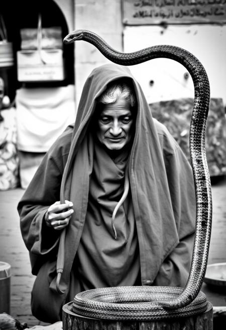 A  (((black and white photograph:1.8 ))) capturing a mystical scene of a Moroccan snake charmer in the souks, with a large snake weaving through the air, high light, high contrast, black and white, best quality, ultra highly details, 4k