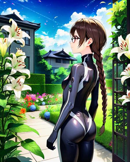 (masterpiece, best quality). brunette, twin braids, under-rim glasses,  plugsuit bodysuit. , confused, from side, looking away, at panoramic background scenery of a garden with lilies. yuri cutie,  ultrarealistic, ,  black theme. 1girl, solo, anime illustration trending at pixiv, 16k hd wallpaper, detailed background, inspirational, aesthetically pleasing