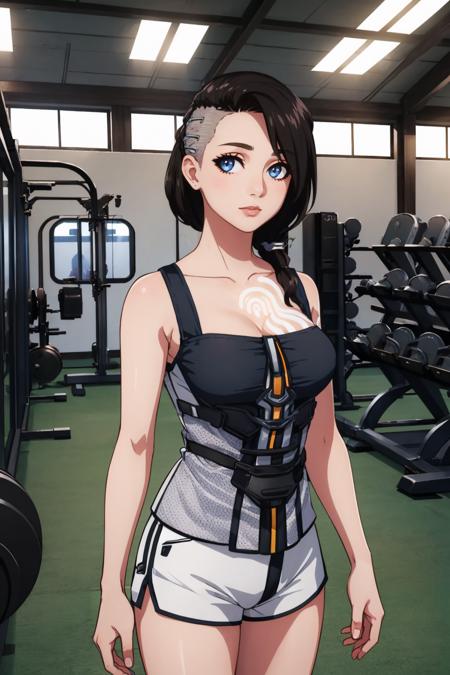 (masterpiece, best quality:1.2), 1girl, solo, <lora:angelbl:1>, angelbl, tattoo, medium breasts, asymmetrical hair, indoors, gym, tank top, shorts,