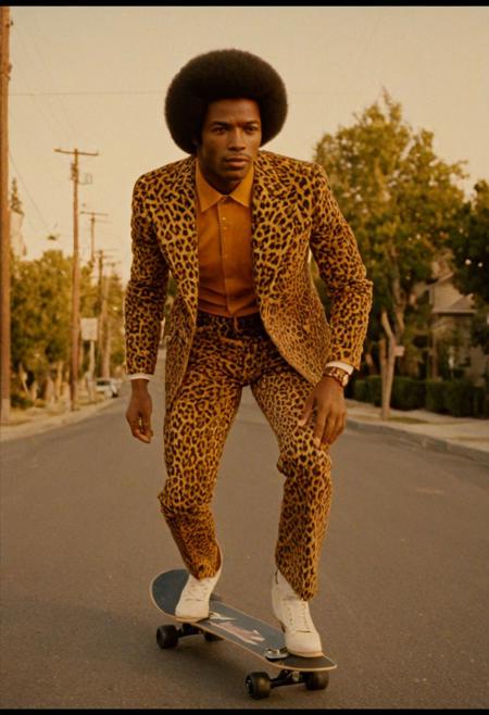Large-format 8x10, Movie Still, Film Still, Cinematic, Cinematic Shot, Cinematic Lighting, JuggernautNegative, realisticvision-negative-embedding, cinematic film still, Kodak VISION3, 500T, 5219 colors negative, an Afro-American man, skating down a suburban California street, the man is wearing a vibrant, 1970s-inspired dolomite/pimp-style Fendi suit, luxury, amazing quality, 4k, 8k, detailed, warm, golden, afternoon light, wide, minimalist composition,  stylized contrast, pastel-toned suburban backdrop, saturated, luxurious colors, intricate, leopard print suit,  pristine, ultra-realistic 8K resolution, cinematic still, version 5.2, blends, gritty authenticity, visually amazing, award-winning aesthetic, amazing detail specialized large-format lenses, advanced post-processing techniques, 1970s street culture,  anatomical correctness, accurate proportions, and fluid, natural movement, face features accurate, lifelike facial features, natural skin tone, authentic expression, Movie Still, Film Still, Cinematic, Cinematic Shot, Cinematic Lighting, JuggernautNegative, realistic vision-negative-embedding