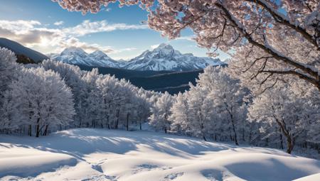 ((masterpiece:1.4,best quality)), cloud,   outdoors
(snowy mountains), spring glade, scenery, sky,
(noon:1.4), high detail, abundant, 8k, high detail, wallpaper